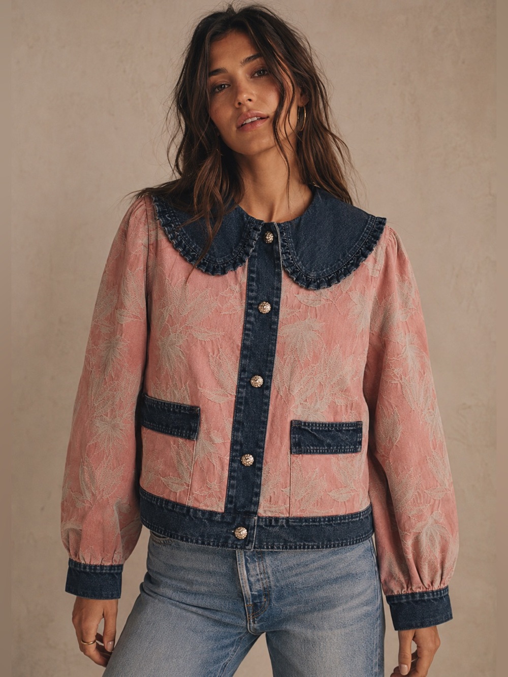 #315 🔴 New! Floral Jacquard Jacket with Contrast Denim Trim